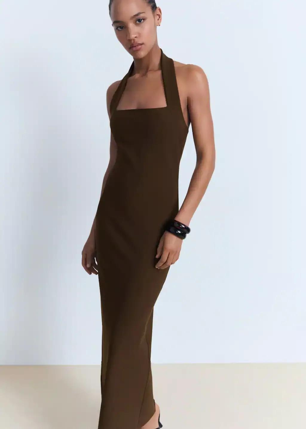 Brown Long Halter-Neck Dress, , medium