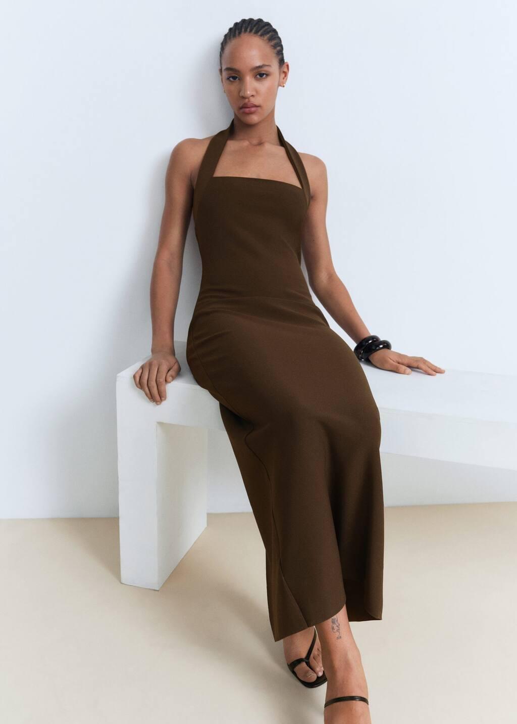Brown Long Halter-Neck Dress, , large image number 1