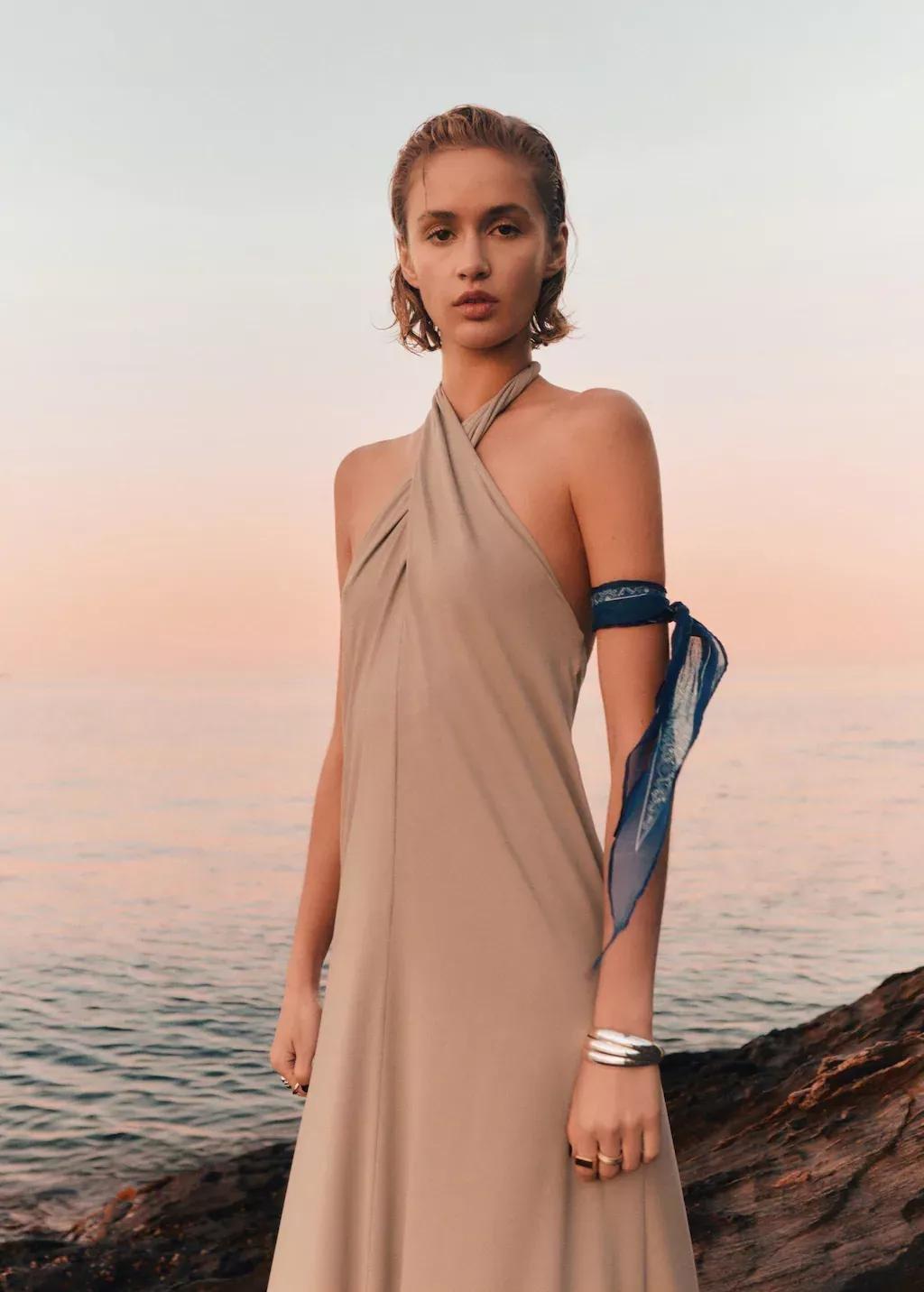 LT PASTEL GREY Long halter wrap dress, , large image number 0