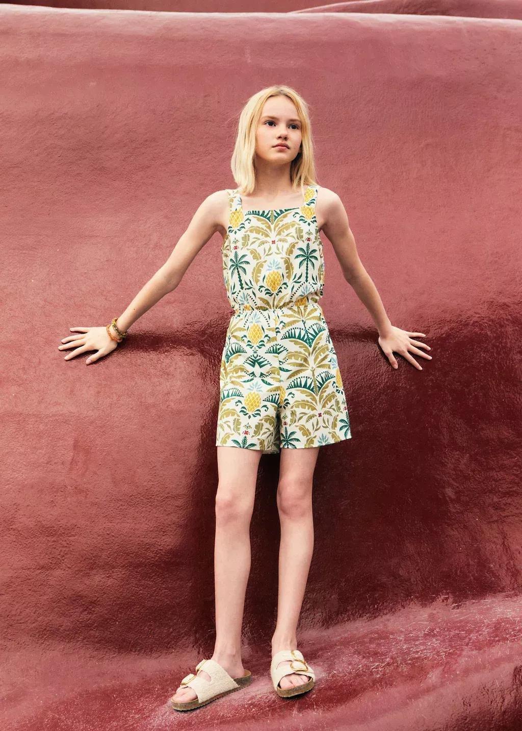 Green Tropical Print Jumpsuit, Kids Girls, , large image number 3