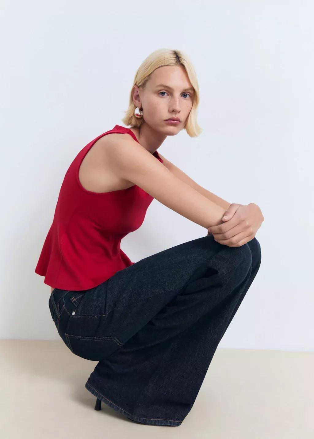 Red Peplum Top With Seam Detail, , large image number 2