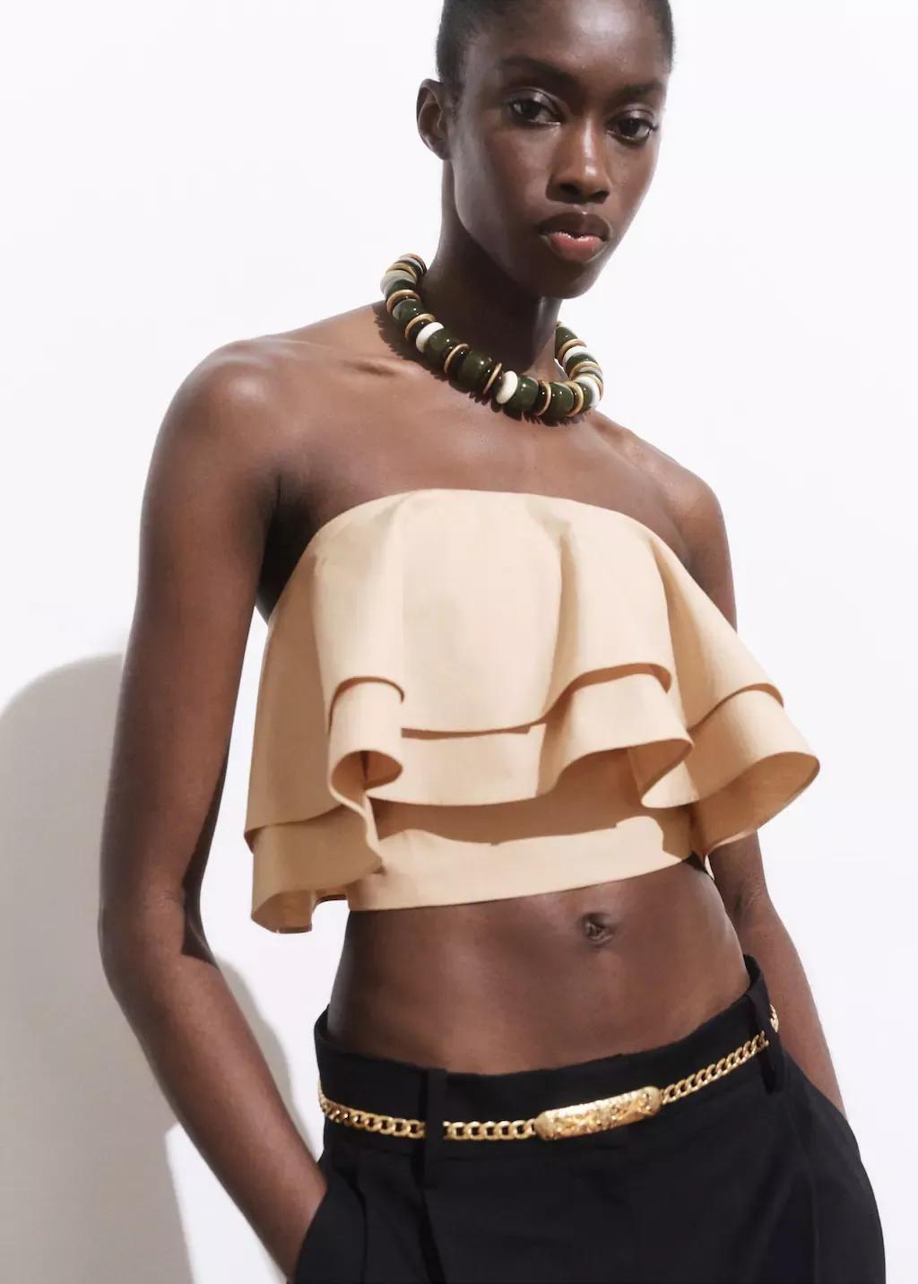 Beige Strapless Top With Ruffles, , large image number 0