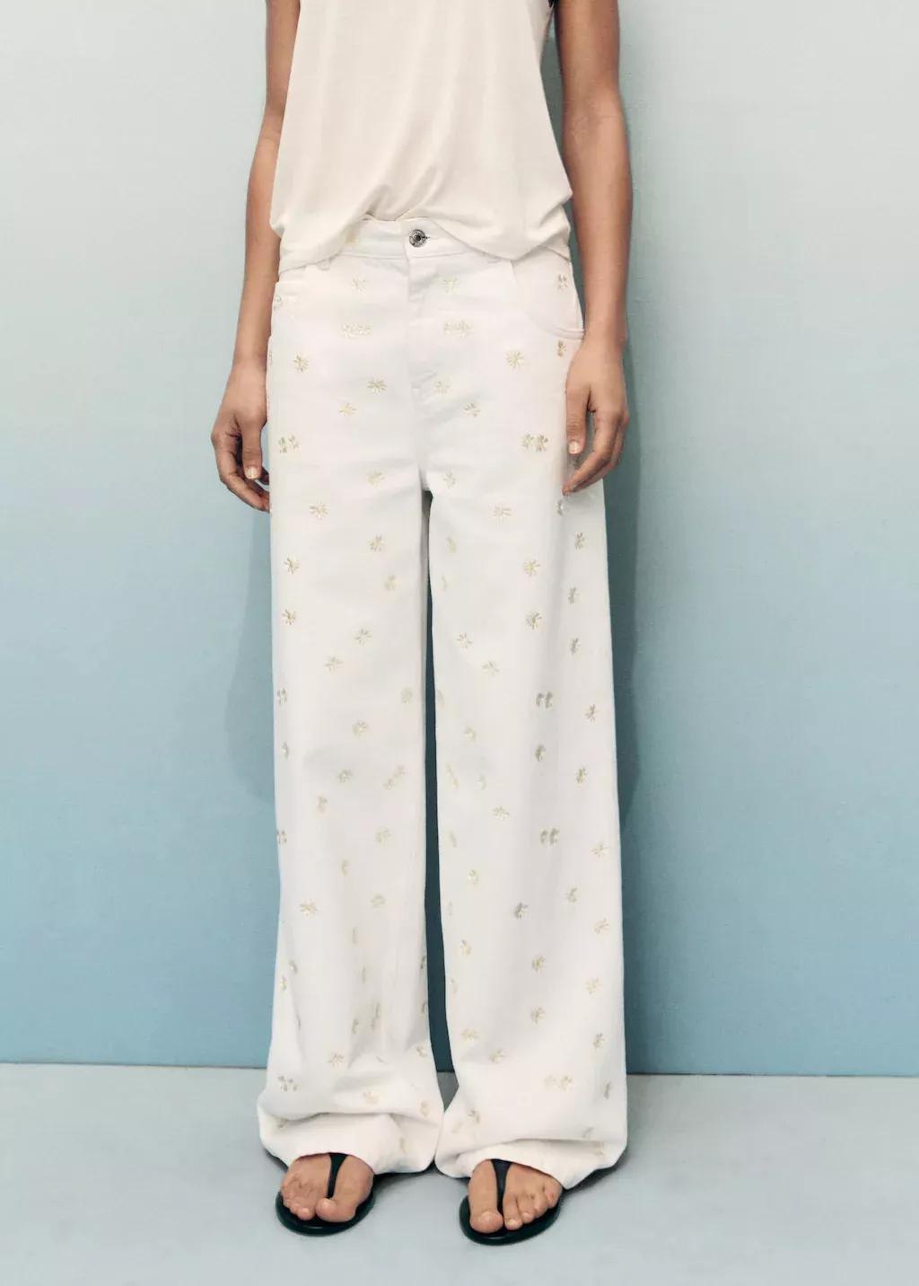 White Flower-Embroidered Wide-Leg Jeans, Natural White, large image number 0