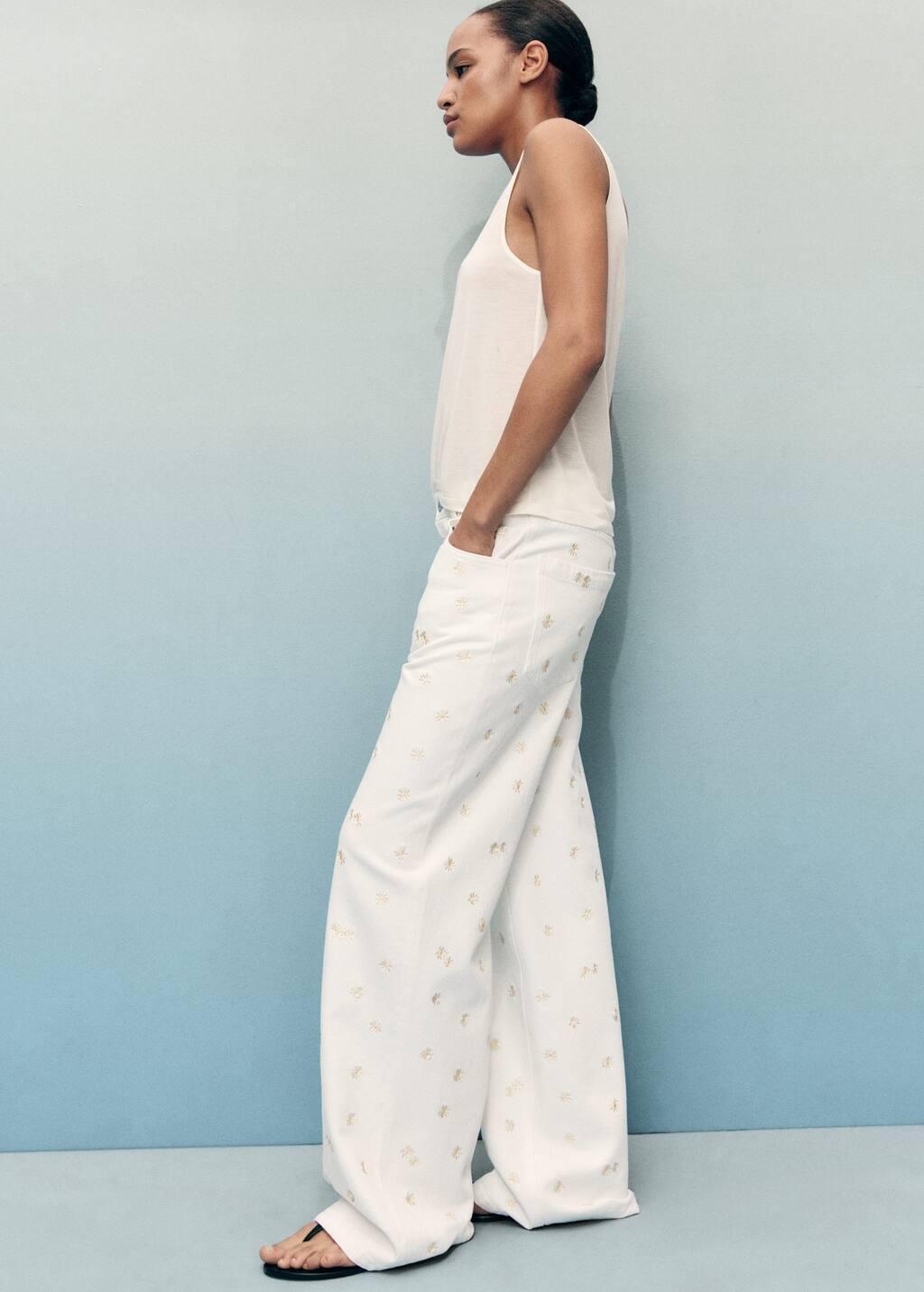 White Flower-Embroidered Wide-Leg Jeans, Natural White, large image number 1