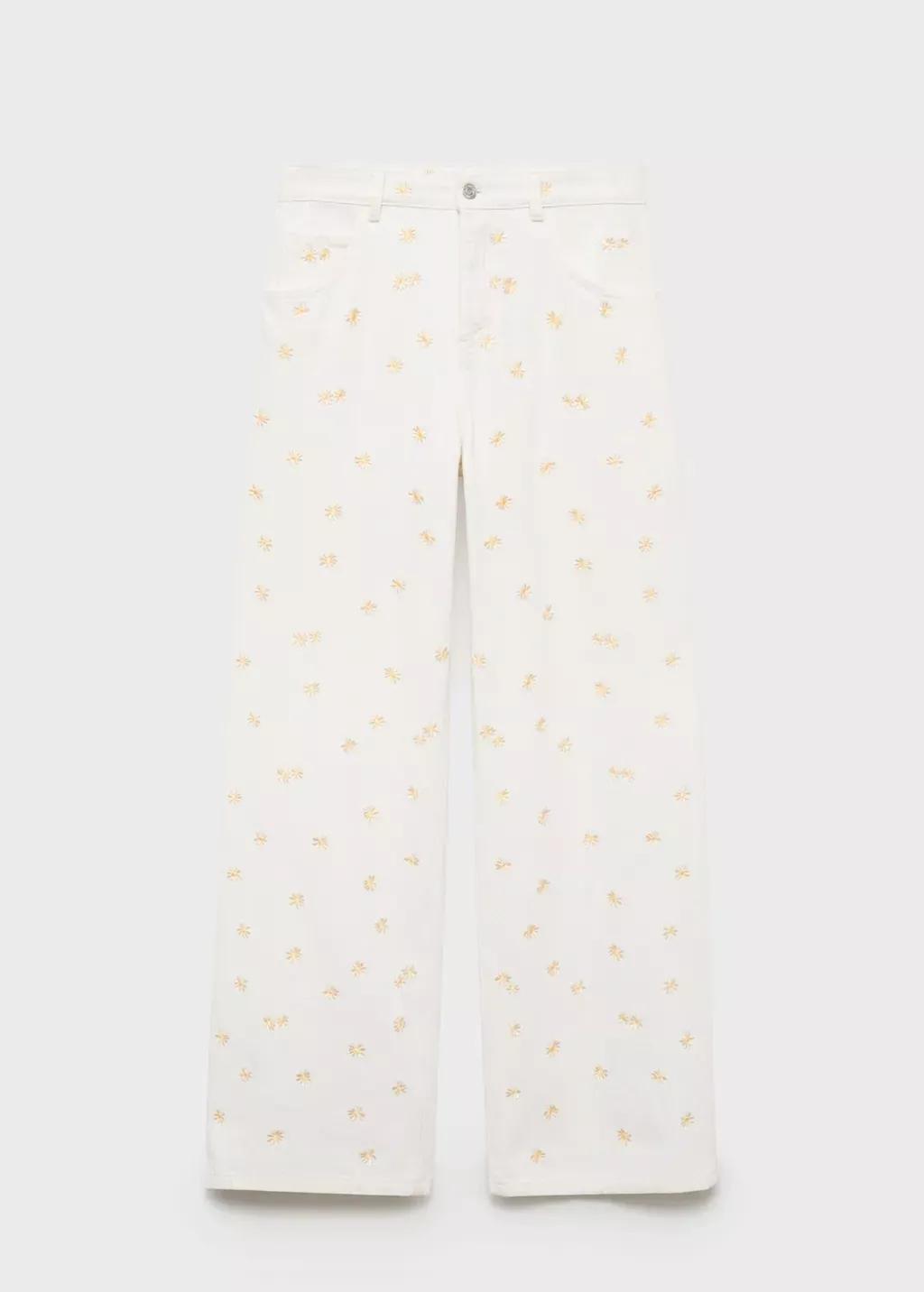 White Flower-Embroidered Wide-Leg Jeans, Natural White, large image number 3