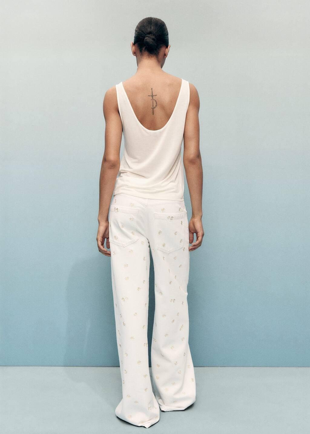 White Flower-Embroidered Wide-Leg Jeans, Natural White, large image number 5