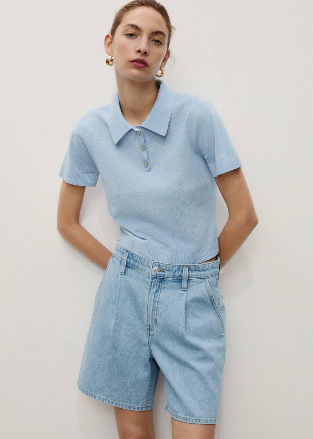 OPEN BLUE Mid-rise denim bermuda shorts with pleats, , large image number 1