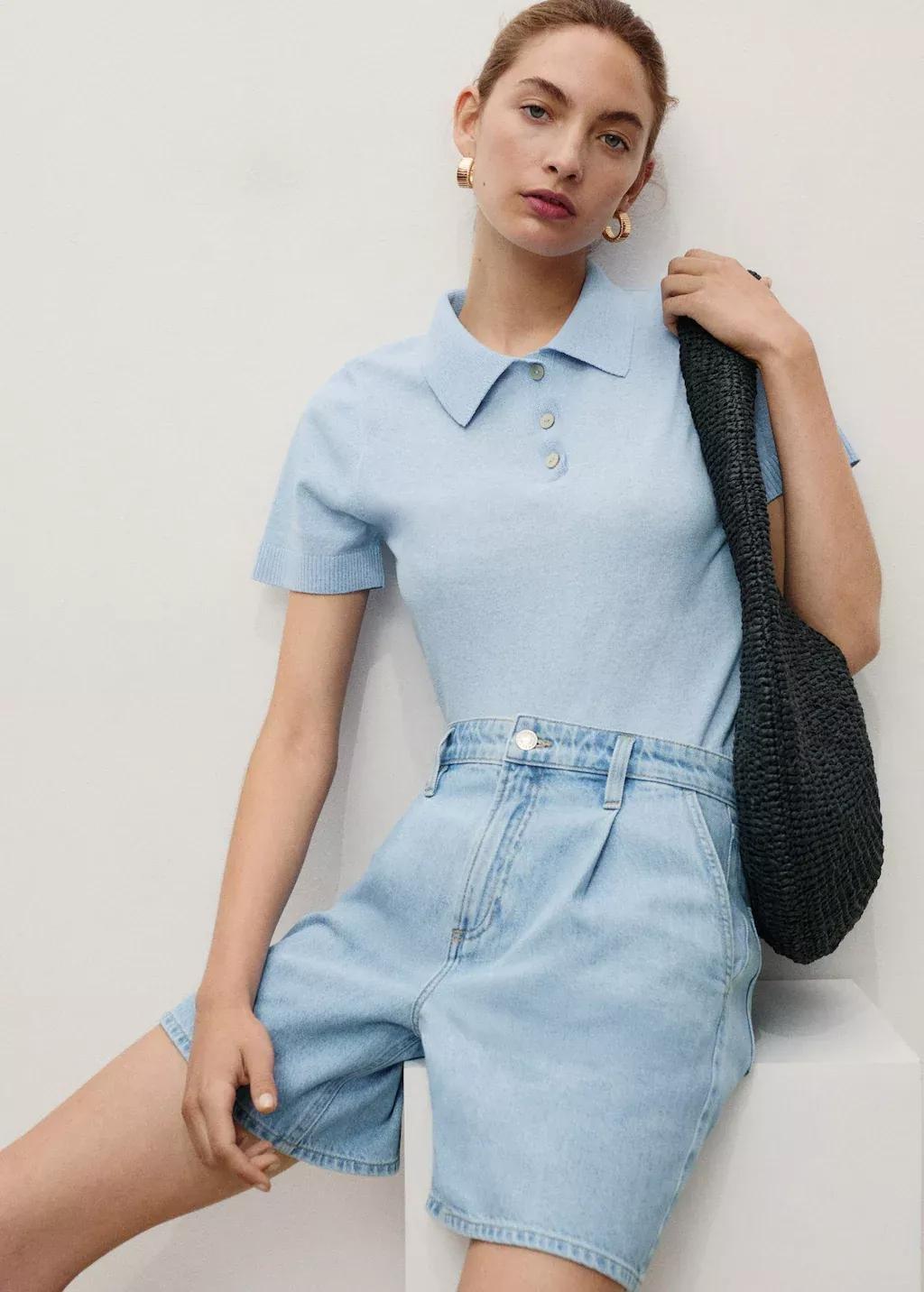 OPEN BLUE Mid-rise denim bermuda shorts with pleats, Open Blue, medium