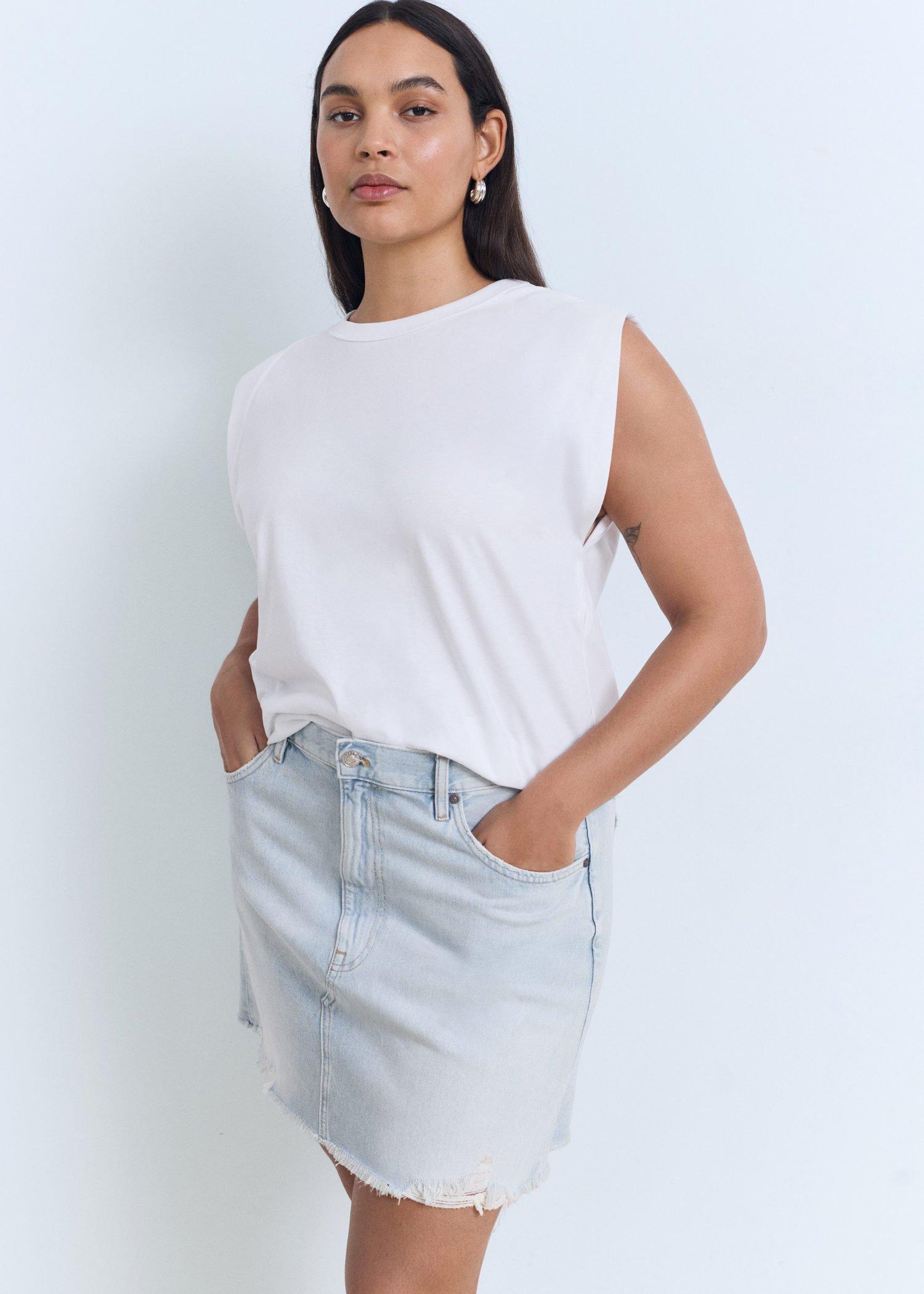 Blue Denim Skirt With Frayed Hem, , medium