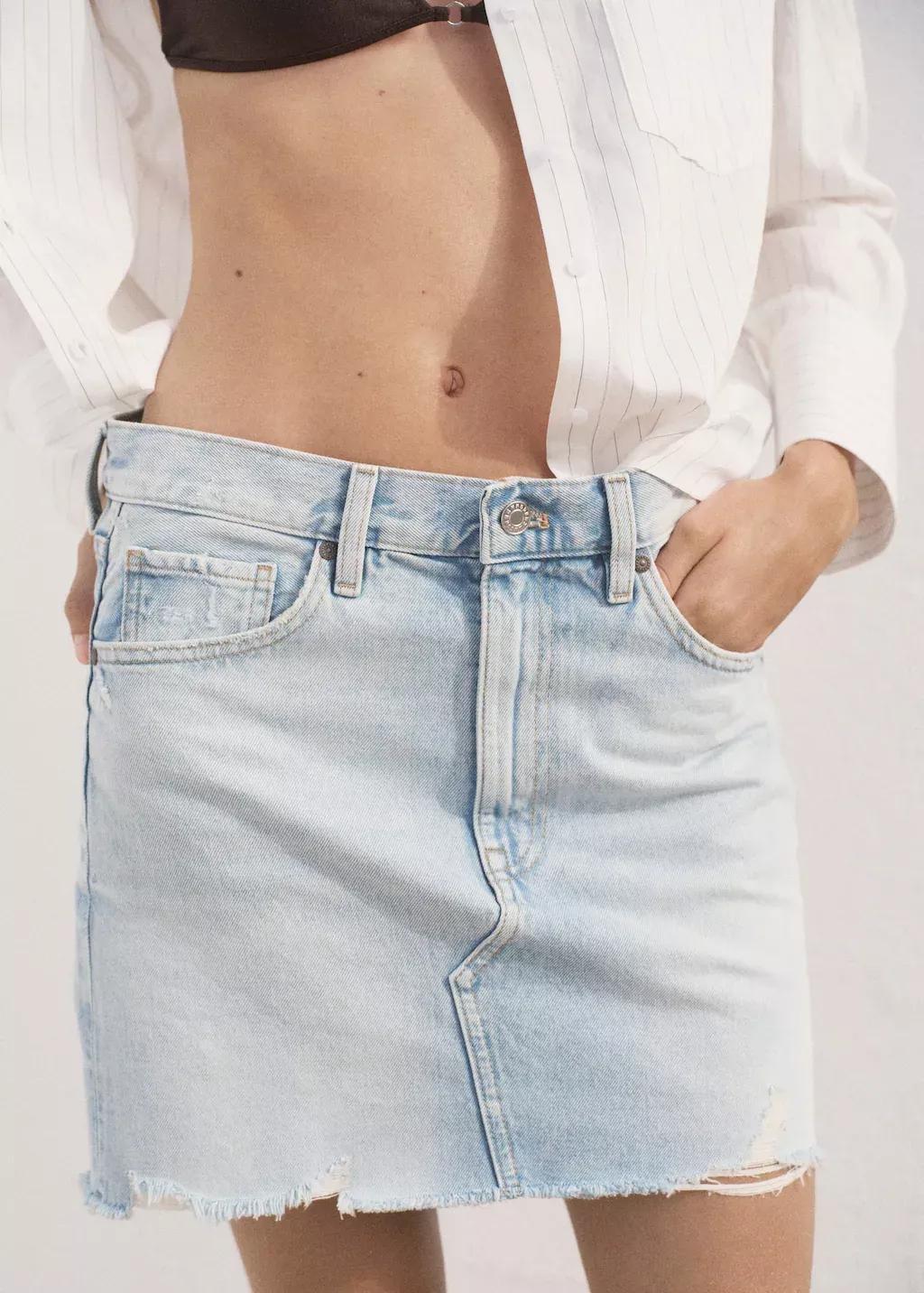 Blue Denim Skirt With Frayed Hem, Open Blue, medium