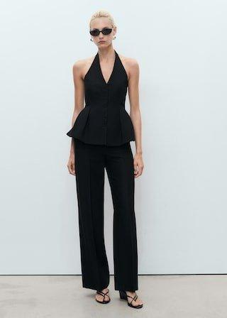 Black Halter-Neck Peplum Waistcoat, , large image number 1
