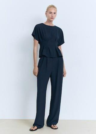 Navy Short-Sleeved Peplum Blouse, , large image number 0