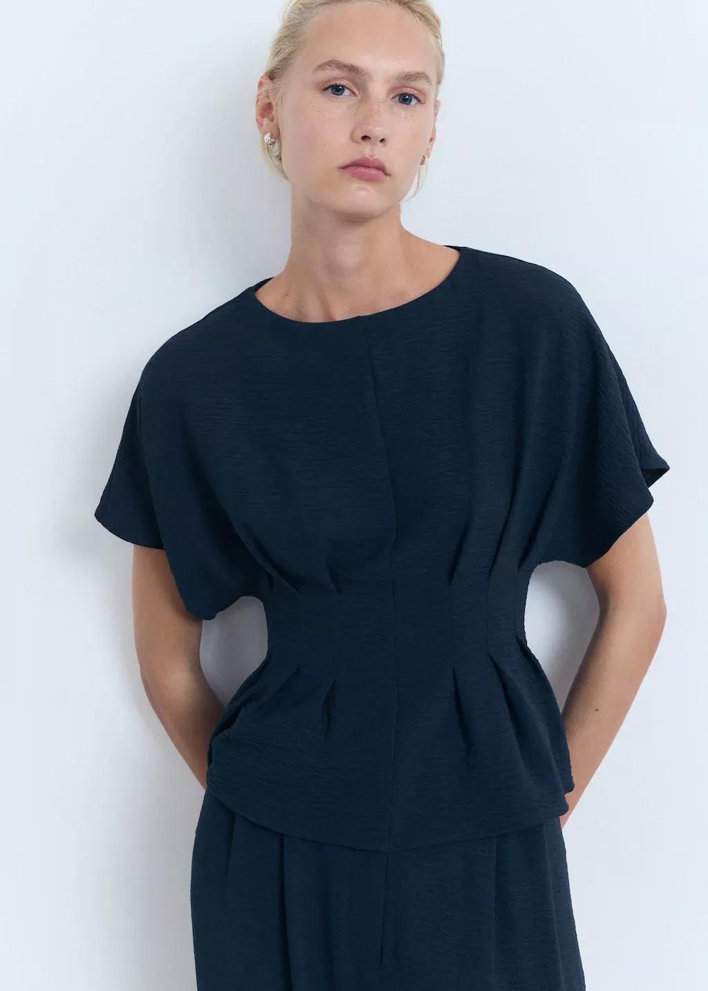 Navy Short-Sleeved Peplum Blouse, , large image number 1