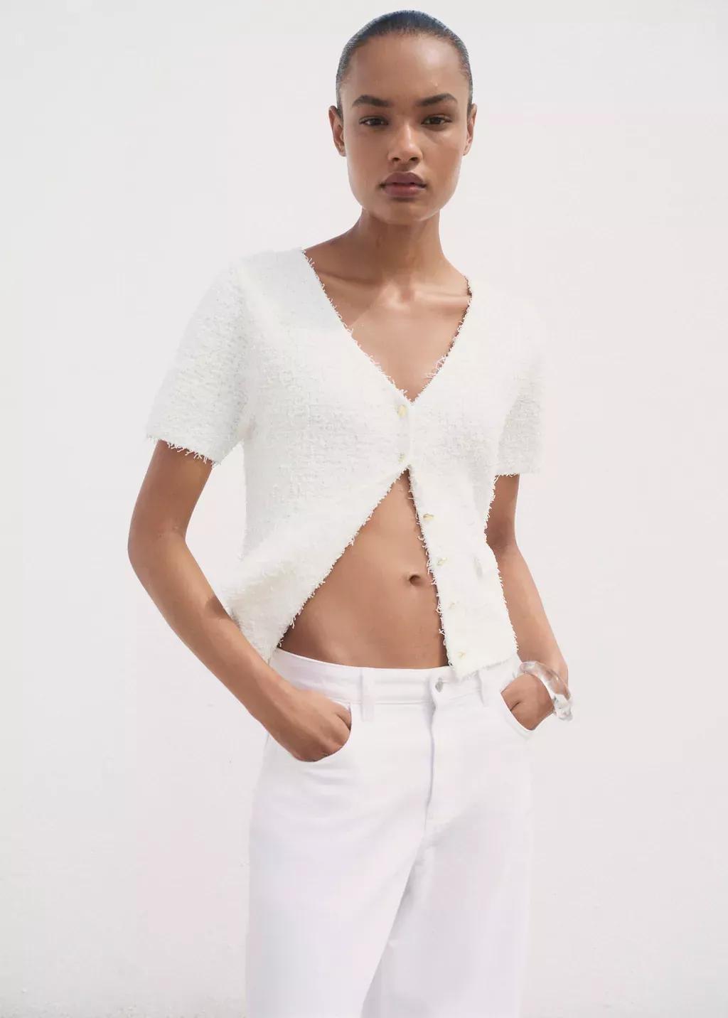 WHITE Short-sleeved bouclé cardigan, 0201_01, large image number 1