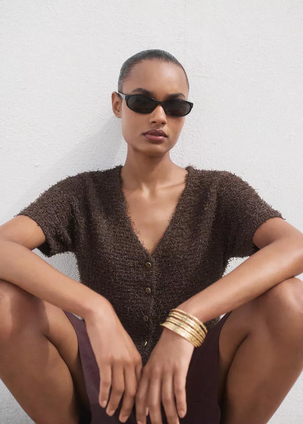 DARK BROWN Short-sleeved boucl&eacute; cardigan, Dark Brown, large image number 3