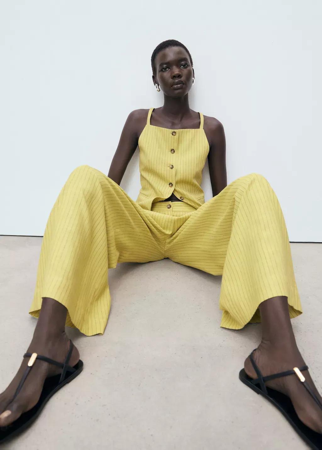 Yellow Striped Straight Suit Trousers, Bright Yellow, large image number 3