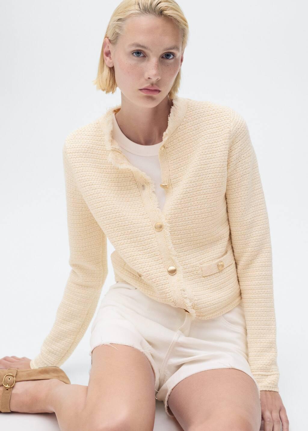 Beige Knitted Cardigan With Frayed Ends, 0201_05, large image number 3