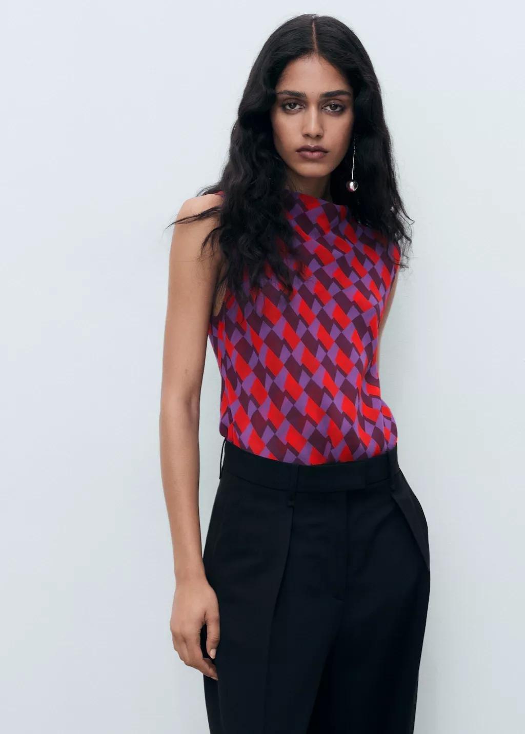 Purple Printed blouse with draped collar, , large image number 7
