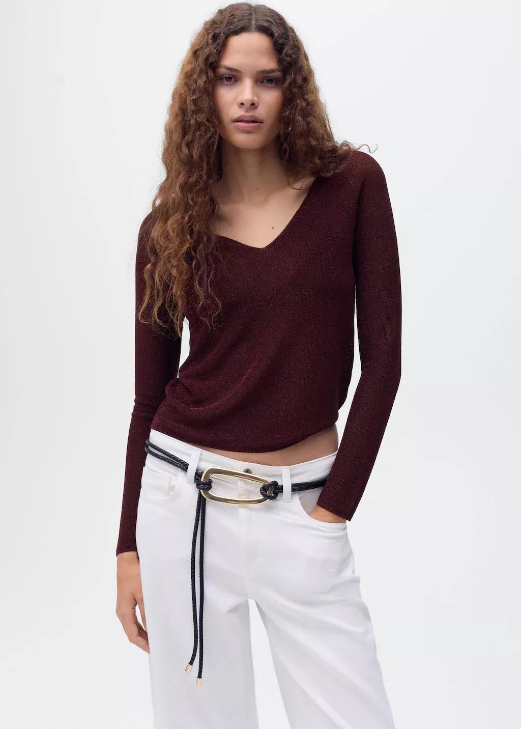 Red V-neck lurex sweater, , large image number 1