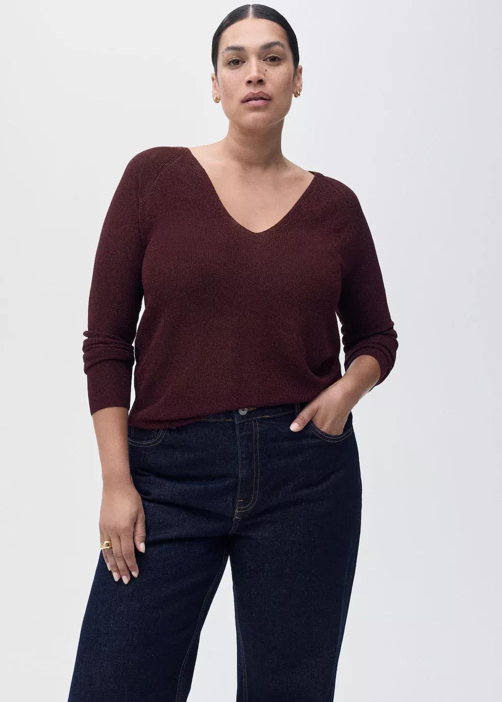 Red V-neck lurex sweater, , large image number 6