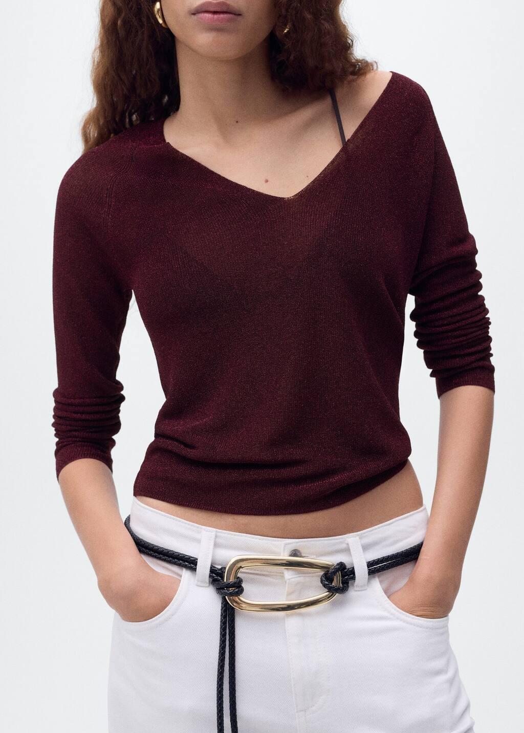 Red V-neck lurex sweater, , large image number 7