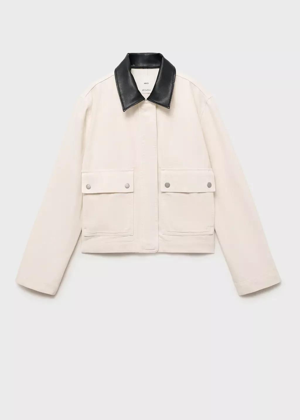 Beige Contrast collar denim jacket, Light Beige, large image number 0