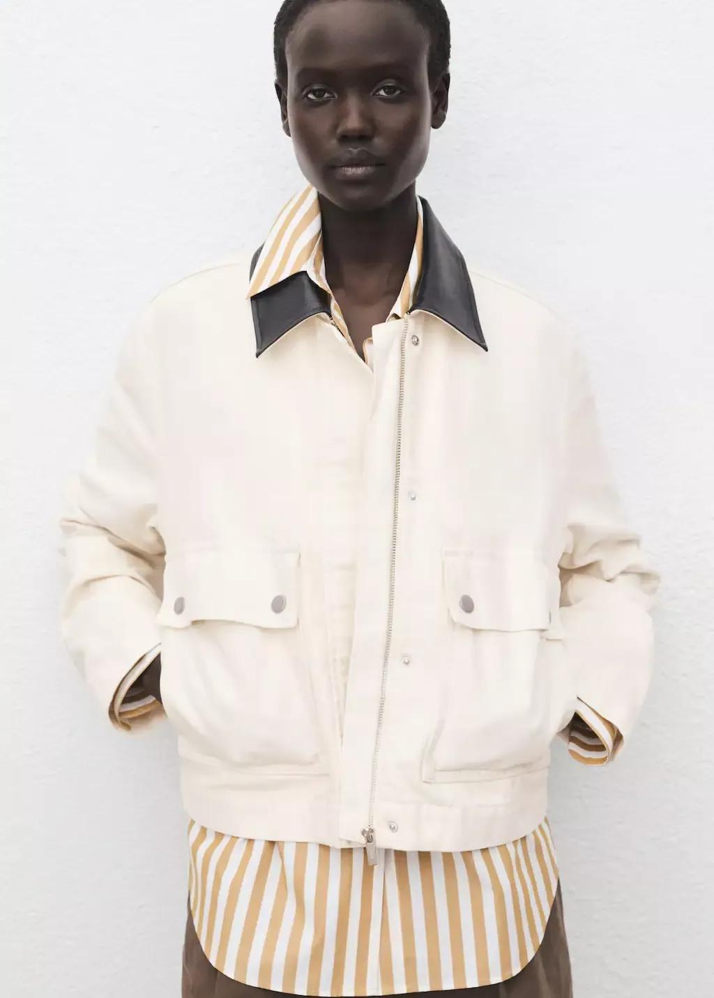 Beige Contrast collar denim jacket, Light Beige, large image number 1