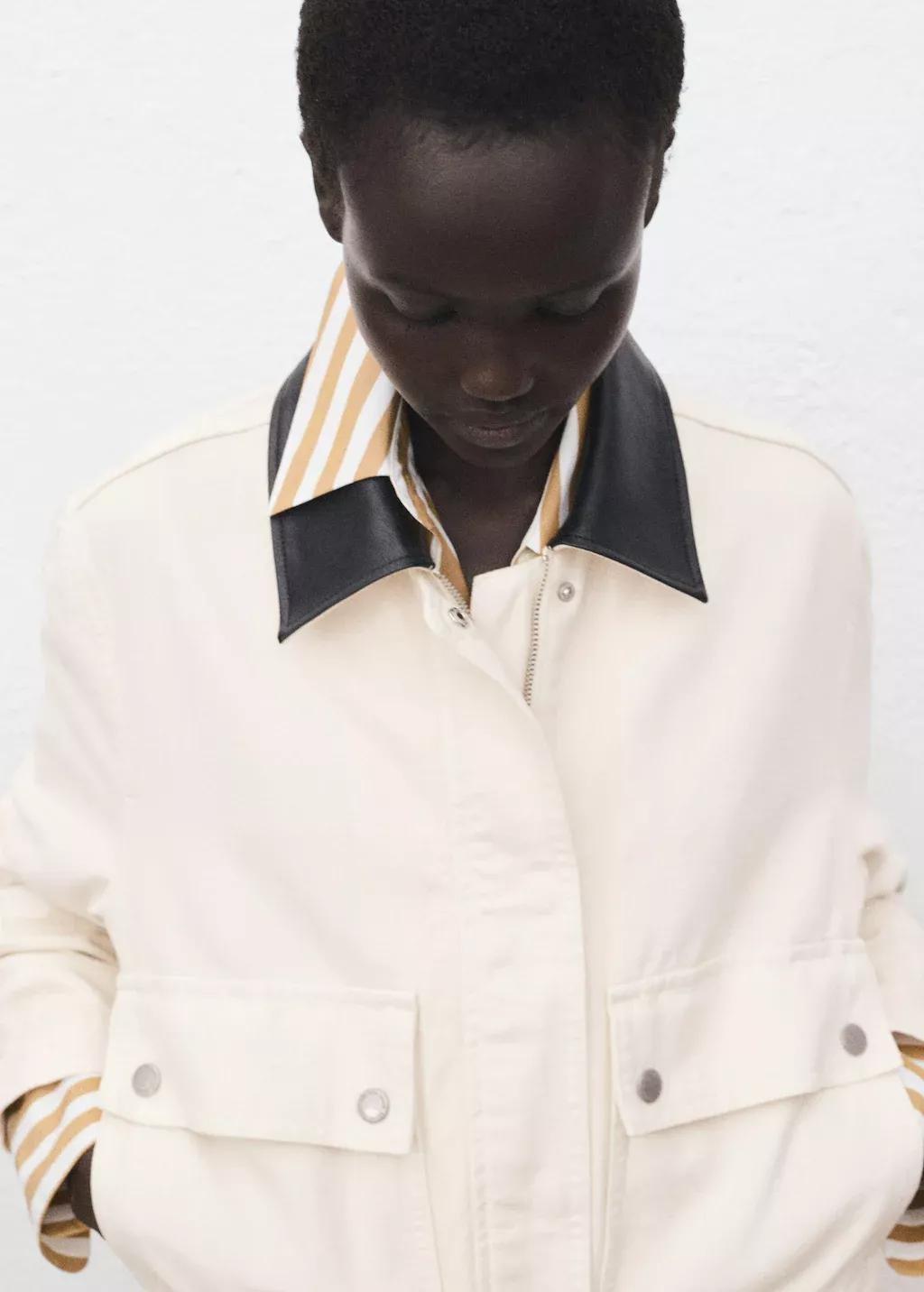 Beige Contrast collar denim jacket, Light Beige, medium