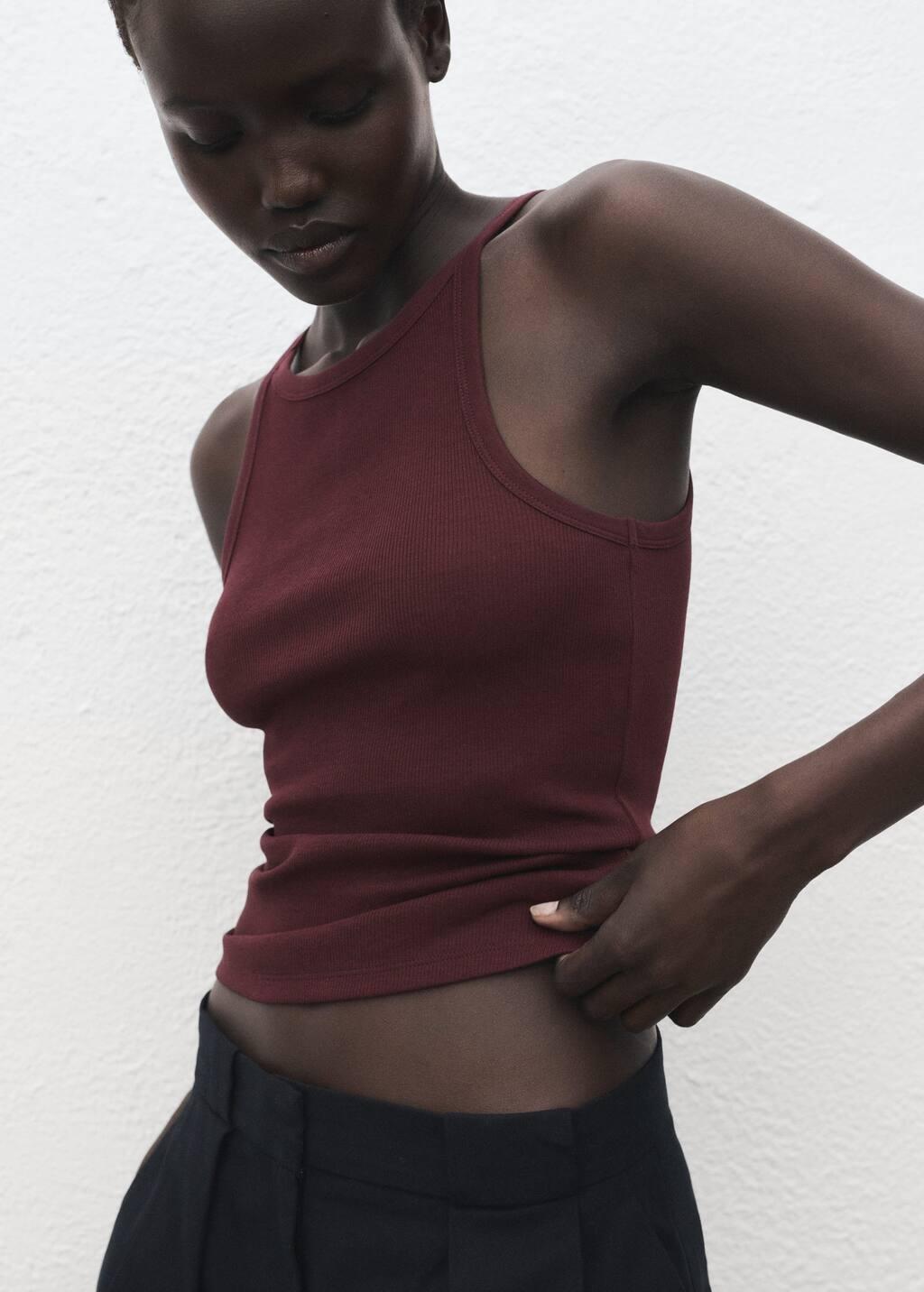 Red Ribbed Cotton-Blend Top, Dark Red, large image number 1