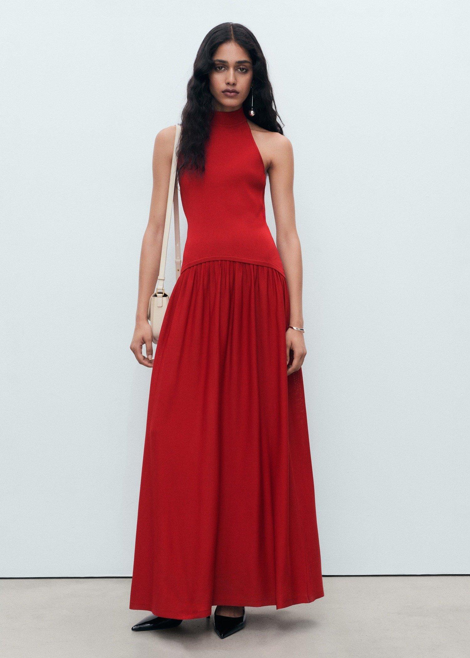 Red Halter-Neck Knitted Dress, Red, medium