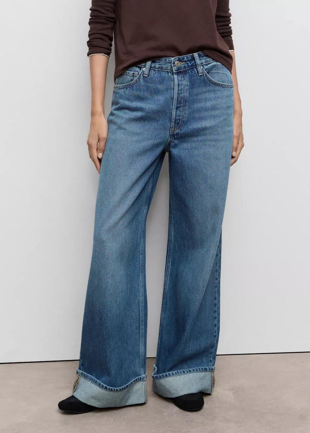 Blue Wide-Leg Jeans With Turn-Up Hem, , large image number 1