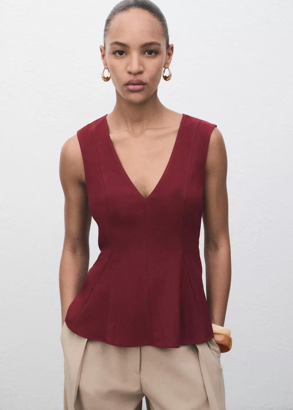 Red Lyocell peplum top, Dark Red, medium