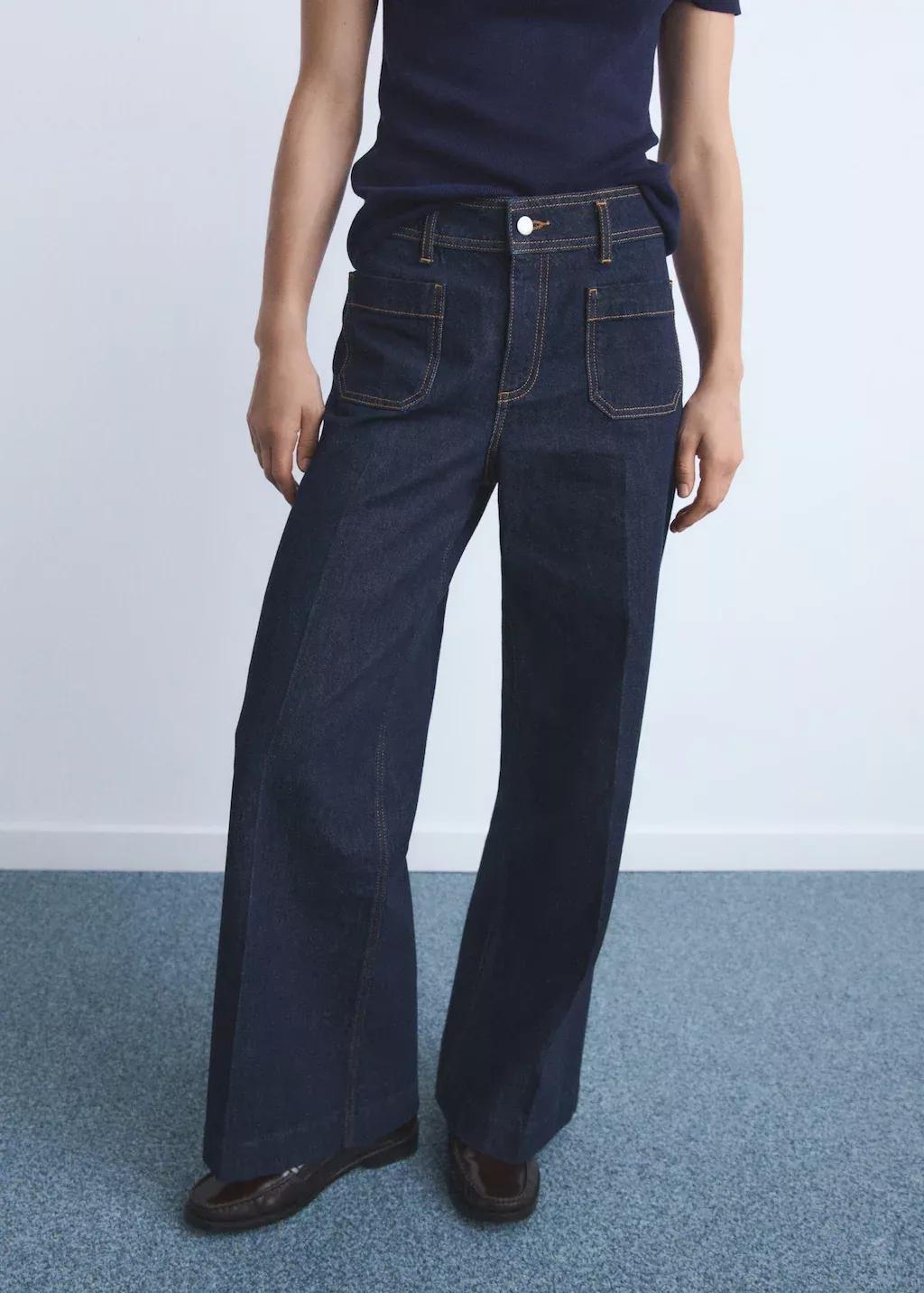 Blue Wide Leg Jeans With Pockets, , large image number 1