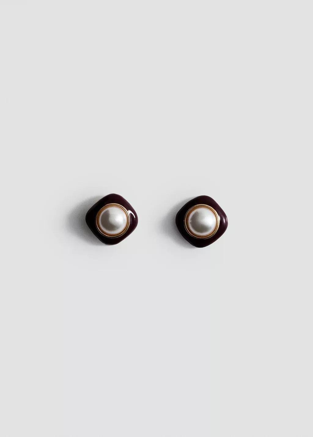 Red Combined Pearl Earrings, Dark Red, large image number 2