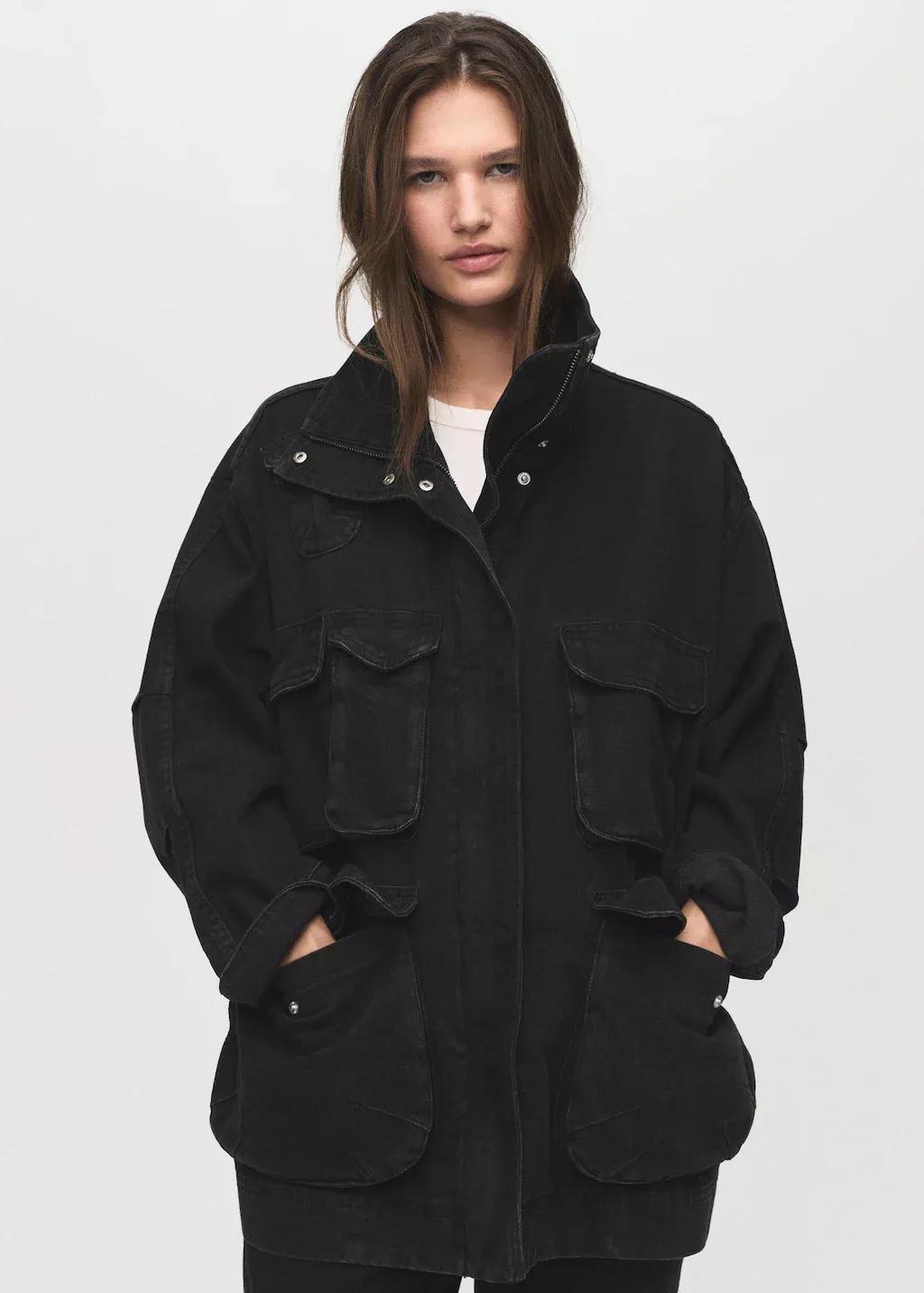 Grey Oversized Denim Parka With Pockets, , large image number 0