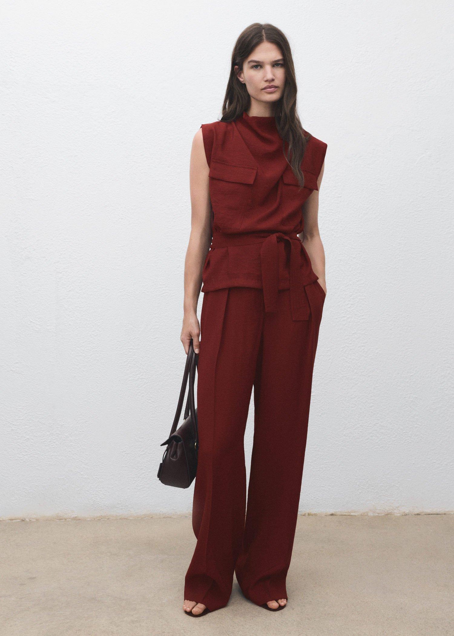 Red Straight-Fit Pleated Trousers, Medium Red, medium