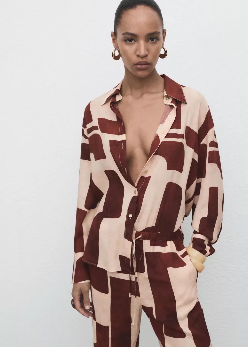 LIGHT BEIGE Geometric print shirt, , large image number 1