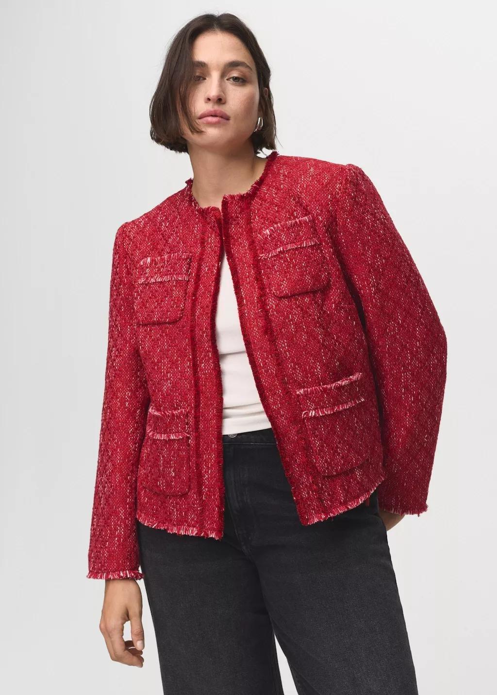 Red Tweed Jacket With Frayed Ends, , large image number 6