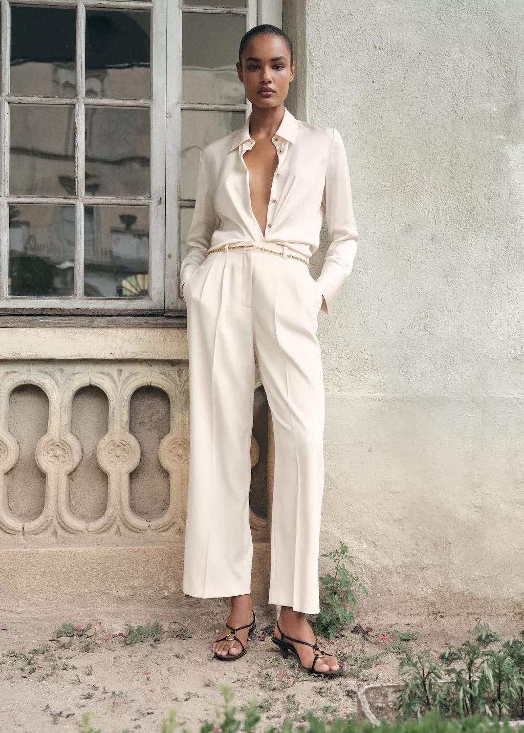 White Straight-Fit Pleated Trousers, , large image number 0
