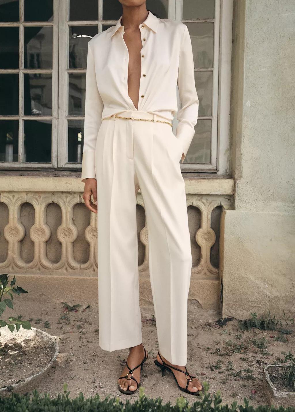 White Straight-Fit Pleated Trousers, , large image number 3