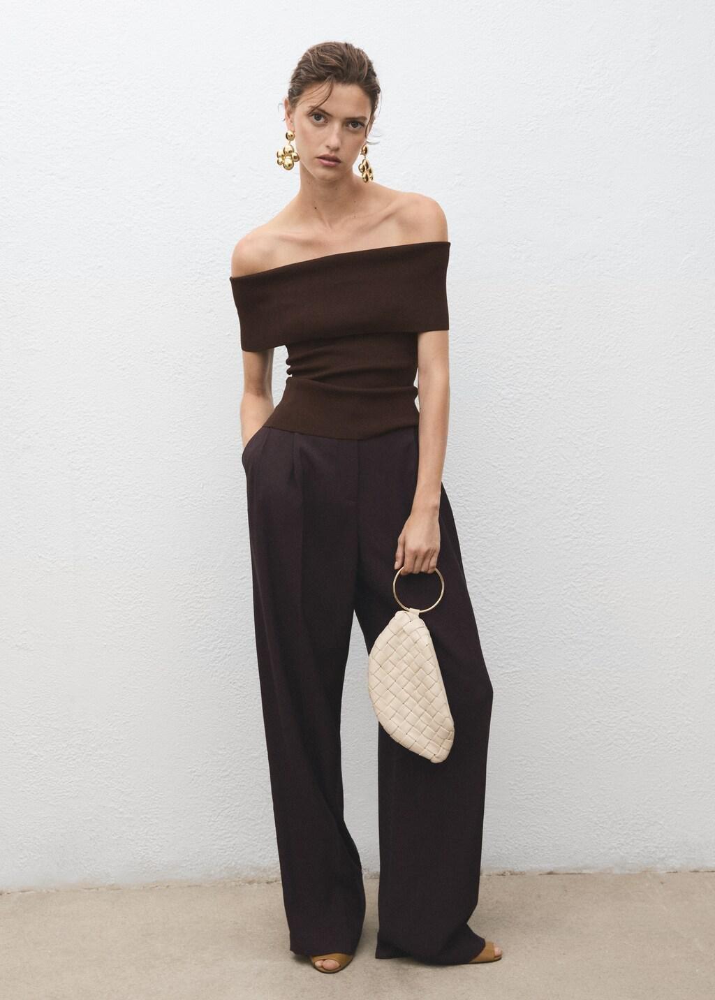 Brown Strapless Knitted Top, , large image number 1