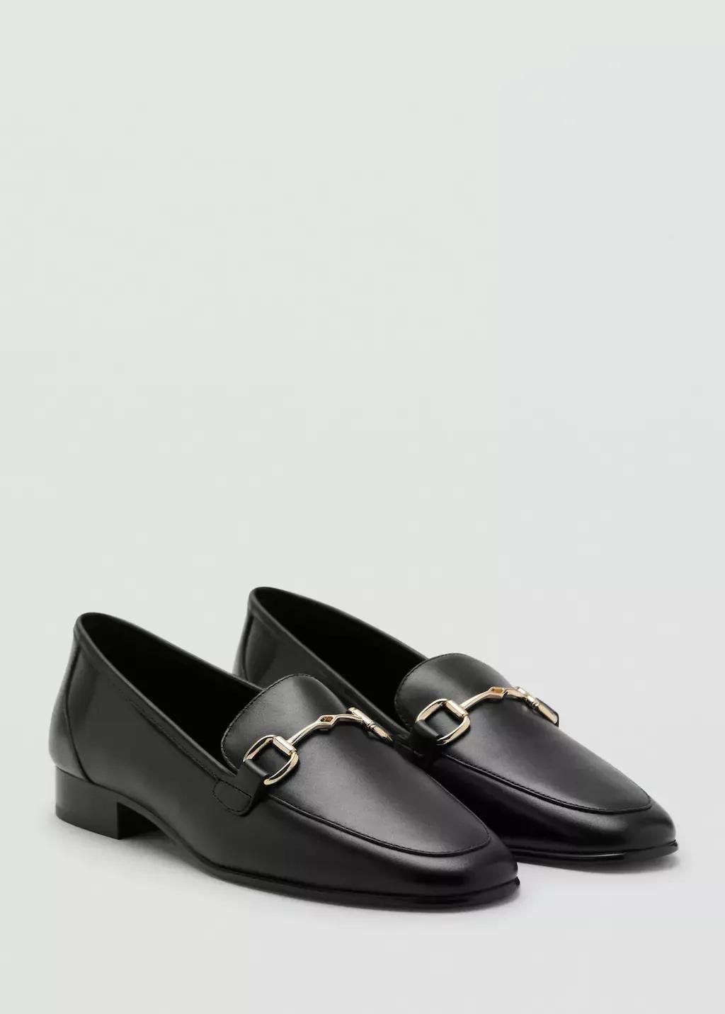 Black Leather Buckle Loafers, Black, medium