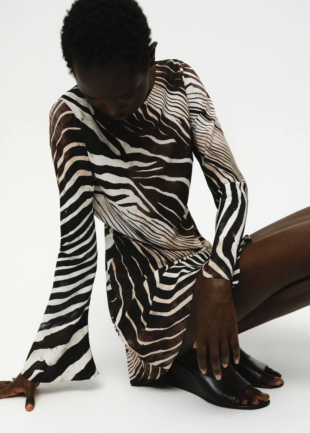Black Zebra-Print Dress With Flared Sleeves, , large image number 1