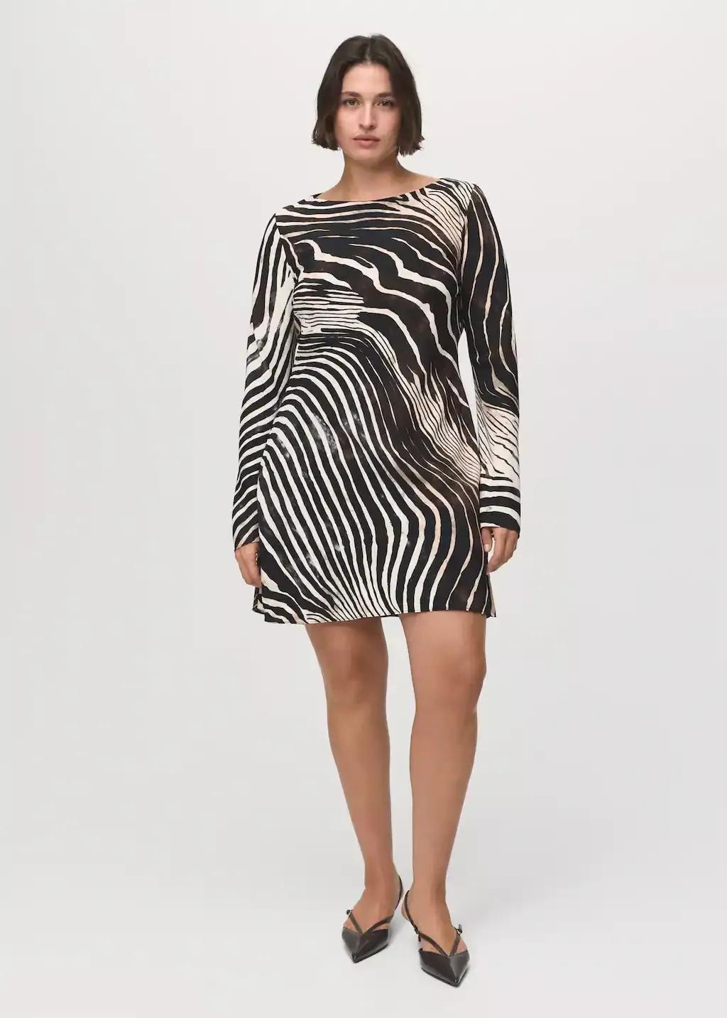Black Zebra-Print Dress With Flared Sleeves, , large image number 2