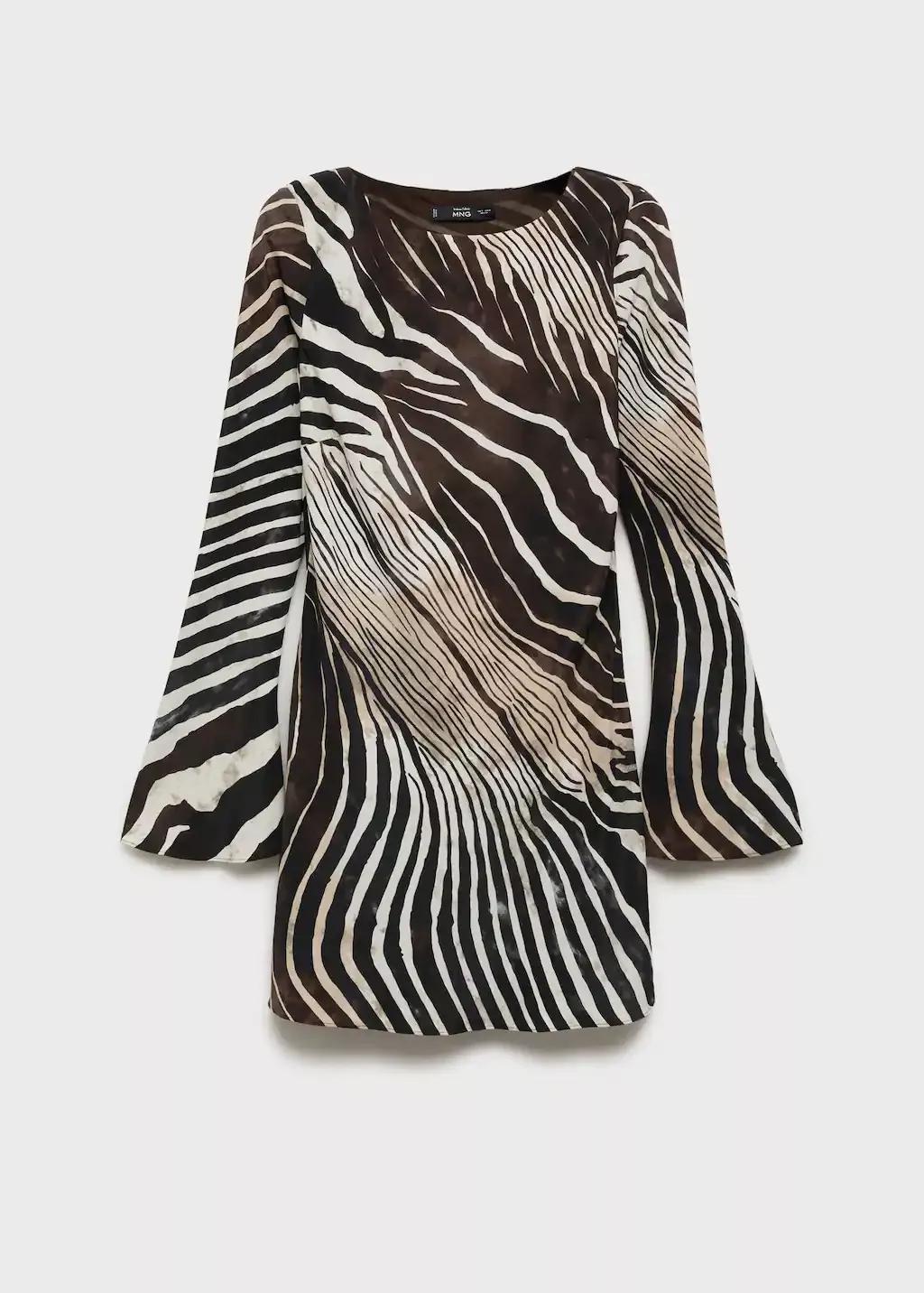 Black Zebra-Print Dress With Flared Sleeves, , large image number 3