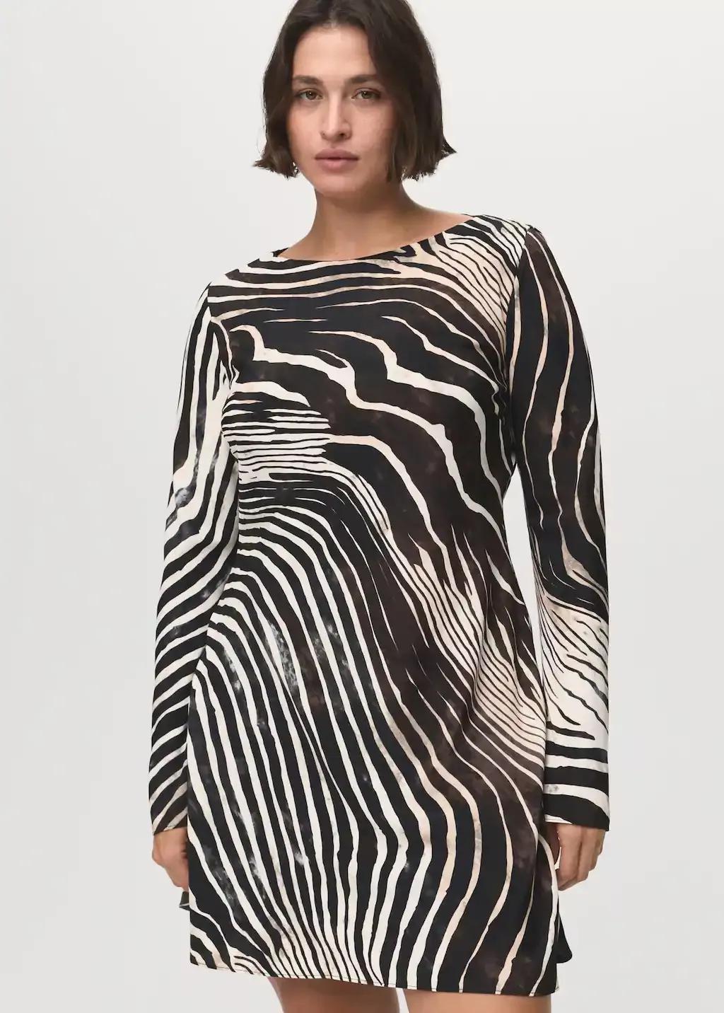 Black Zebra-Print Dress With Flared Sleeves, , large image number 5