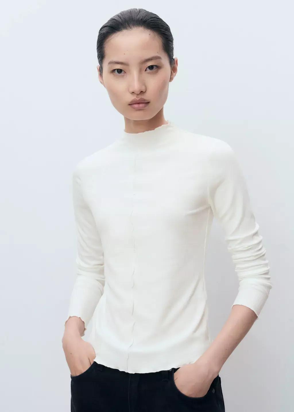 White Ribbed T-Shirt With Scalloped Trim, White, medium