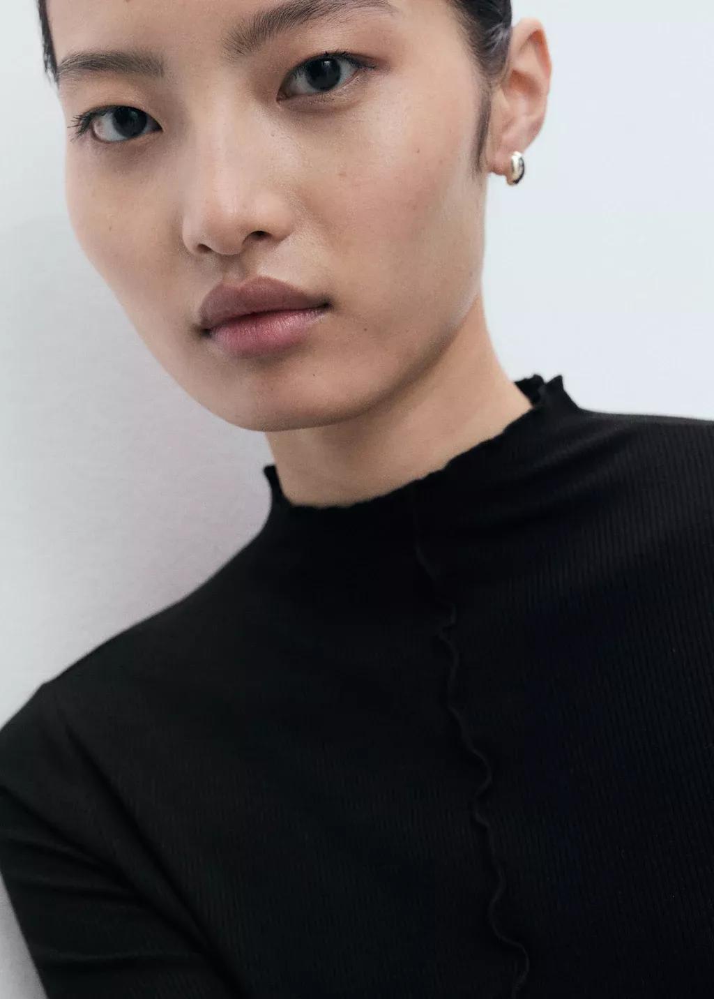 Black Ribbed T-Shirt With Scalloped Trim, , large image number 1