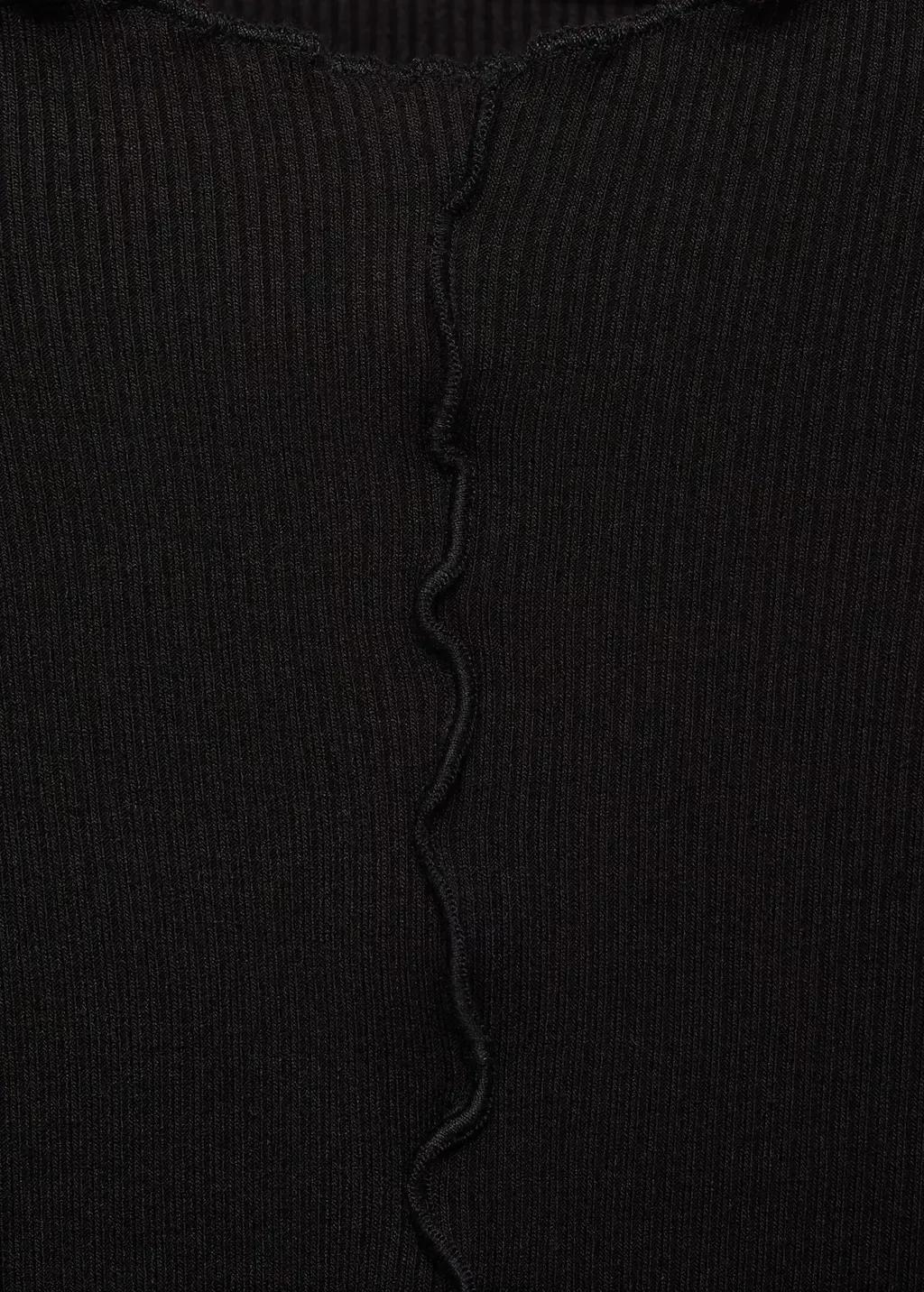 Black Ribbed T-Shirt With Scalloped Trim, , large image number 2