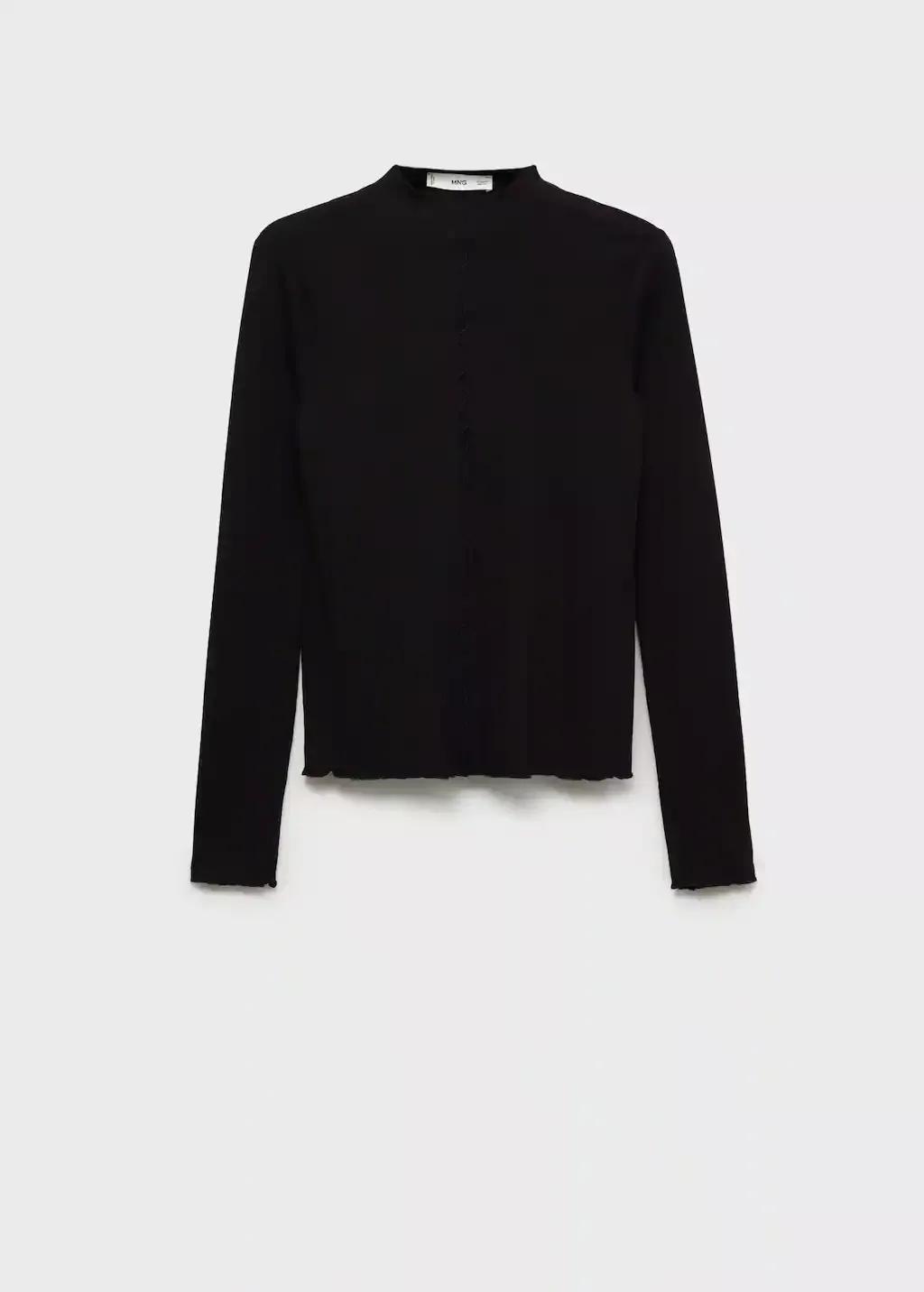 Black Ribbed T-Shirt With Scalloped Trim, , large image number 3